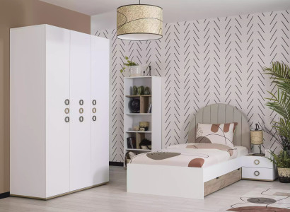 Youth Bed Suite Childrens room Bedside table Bed Wood White Set 4pcs